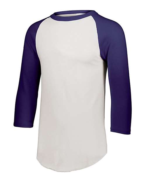 Youth Three-Quarter Sleeve Baseball Jersey - White/ Purple Front