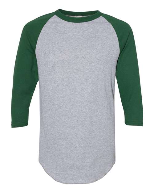 Unisex Three-Quarter Raglan Sleeve Baseball Jersey T-Shirt - Athletic Heather/ Dark Green Front