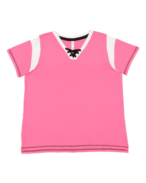Women's Curvy Lace Up Fine Jersey Tee - Hot Pink/ White/ Black Front