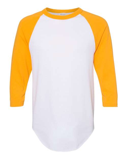 Unisex Three-Quarter Raglan Sleeve Baseball Jersey T-Shirt - White/ Gold Front