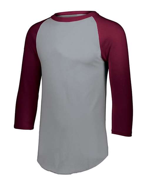 Youth Three-Quarter Sleeve Baseball Jersey - Athletic Heather/ Maroon Front