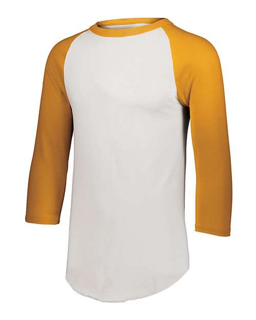 Youth Three-Quarter Sleeve Baseball Jersey - White/ Gold Front