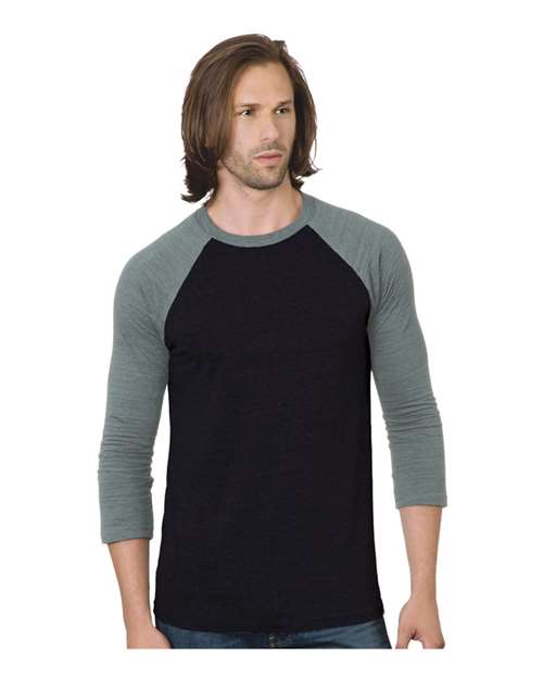Unisex Triblend Three-Quarter Sleeve Raglan T-Shirt - Black/ Athletic Grey Front