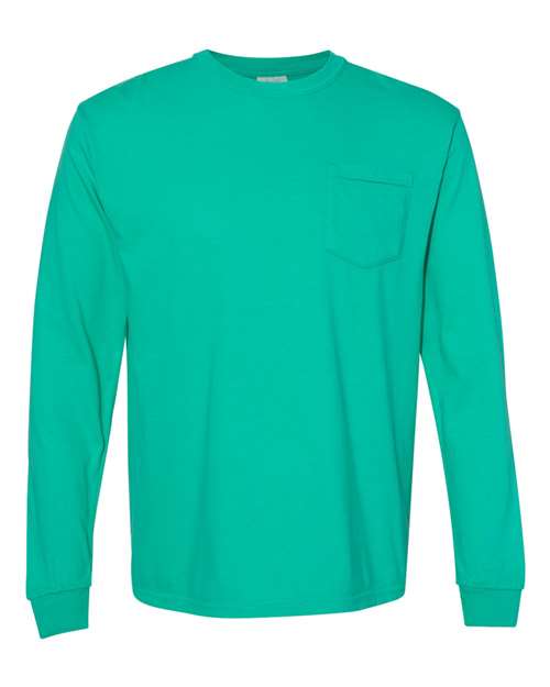 Unisex Garment-Dyed Heavyweight Long Sleeve Pocket T-Shirt - Island Green Front