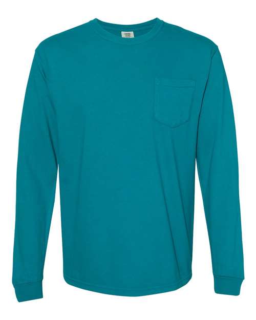 Unisex Garment-Dyed Heavyweight Long Sleeve Pocket T-Shirt - Topaz Blue Front
