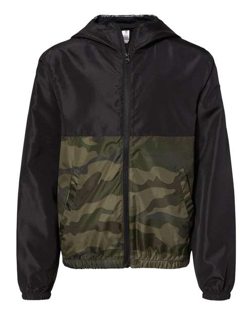 Youth Lightweight Windbreaker Full-Zip Jacket - Black/ Forest Camo Front