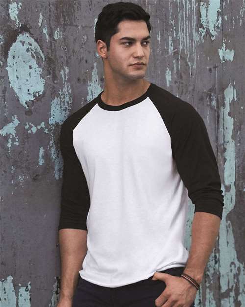 Premium Blend Ringspun Three-Quarter Sleeve Raglan Baseball T-Shirt - White/ Black Ink Front