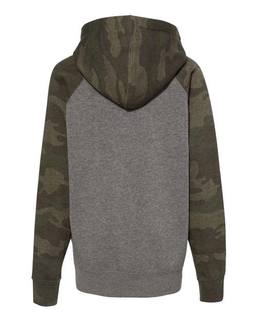 Youth Lightweight Special Blend Raglan Hooded Sweatshirt - Nickel Heather/ Forest Camo Back