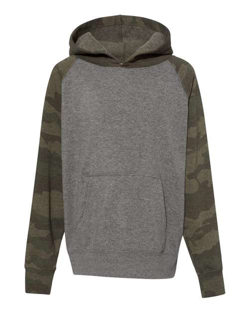 Youth Lightweight Special Blend Raglan Hooded Sweatshirt - Nickel Heather/ Forest Camo Front