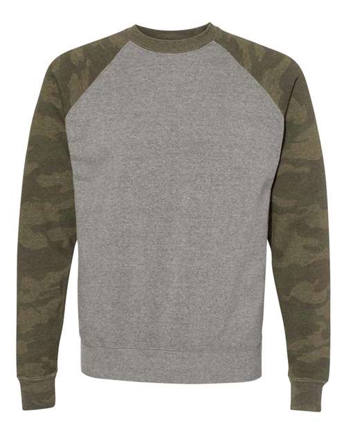 Unisex Special Blend Raglan Crewneck Sweatshirt - Nickel Heather/ Forest Camo Front