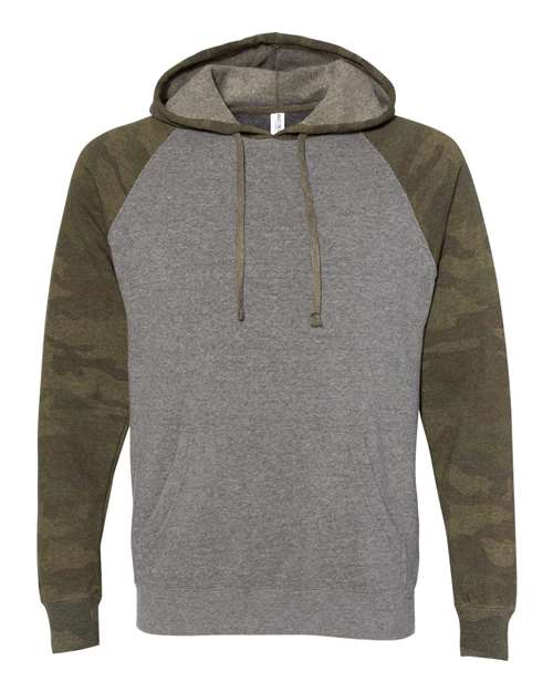 Unisex Special Blend Raglan Hooded Sweatshirt - Nickel Heather/ Forest Camo Front