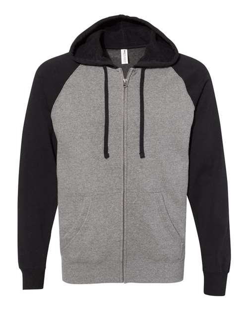 Unisex Special Blend Raglan Full-Zip Hooded Sweatshirt - Nickel Heather/ Black Front