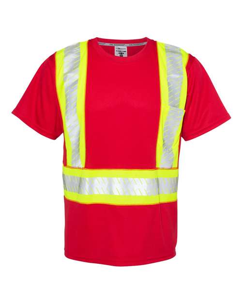 Unisex EV Series® Enhanced Visibility Contrast Pocket T-Shirt - Red/ Lime - B203 Front