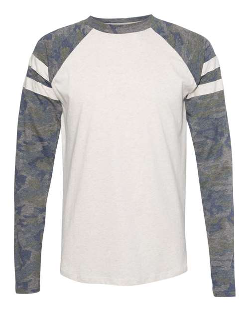 Unisex Fine Jersey Mash Up Long Sleeve Tee - Natural Heather/ Vintage Camo/ Natural Heather Front