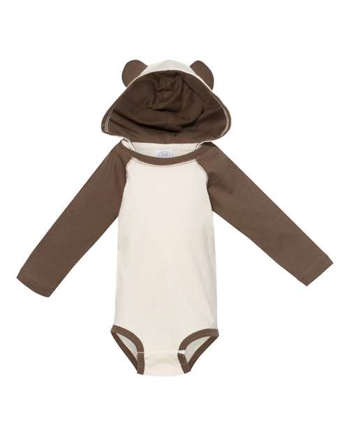 Infant Fine Jersey Character Hooded Long Sleeve Bodysuit with Ears - Natural/ Brown Front
