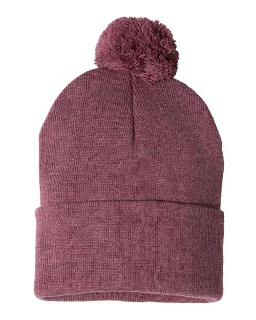 12" Pom-Pom Cuffed Beanie - Heather Cardinal Front