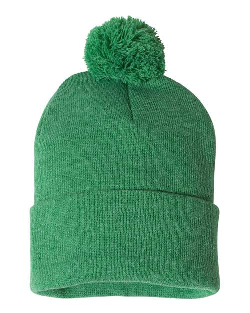 12" Pom-Pom Cuffed Beanie - Heather Kelly Front