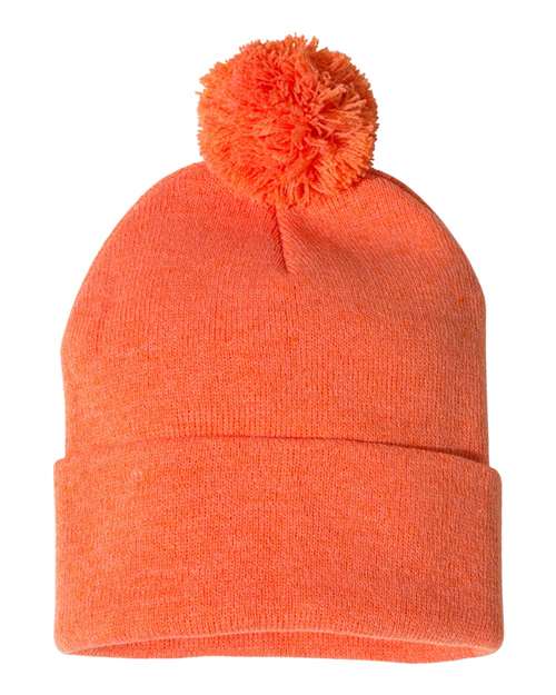 12" Pom-Pom Cuffed Beanie - Heather Orange Front