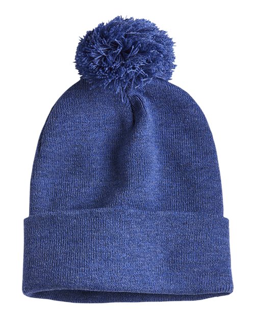 12" Pom-Pom Cuffed Beanie - Heather Dark Royal Back