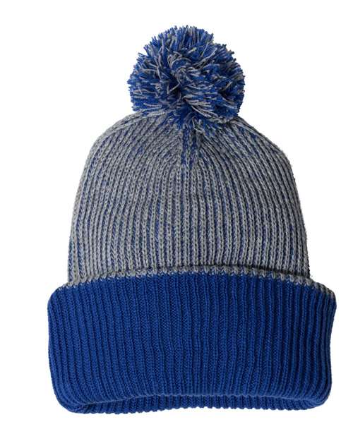 12" Speckled Pom-Pom Cuffed Beanie - Heather Grey/ Royal Back