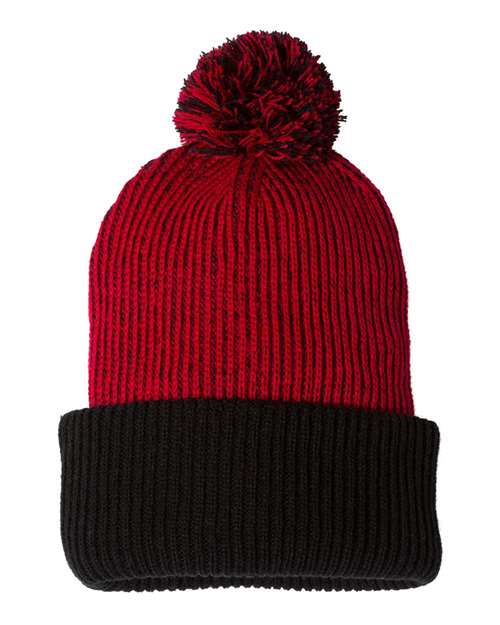 12" Speckled Pom-Pom Cuffed Beanie - Red/ Black Back