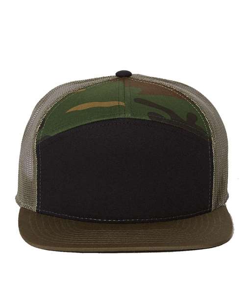 Seven-Panel Trucker Cap - Black/ Camo/ Loden Front