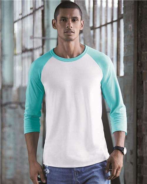 Premium Blend Ringspun Three-Quarter Sleeve Raglan Baseball T-Shirt - White/ Scuba Blue Front