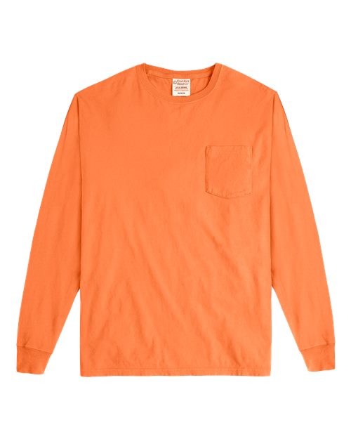 Unisex Garment-Dyed Long Sleeve T-Shirt With a Pocket - Horizon Orange Front