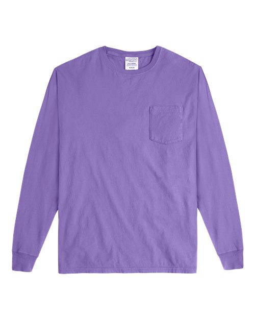 Unisex Garment-Dyed Long Sleeve T-Shirt With a Pocket - Lavender Front