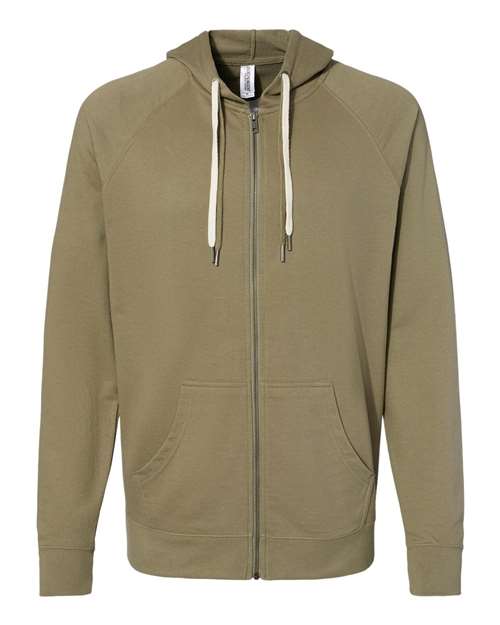 Unisex Icon Lightweight Loopback Terry Full-Zip Hooded Sweatshirt - Olive Front
