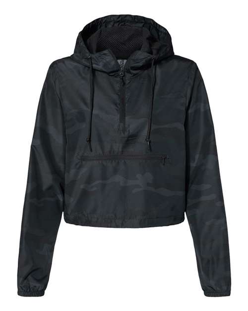 Women's Lightweight Quarter-Zip Pullover Crop Windbreaker - Black Camo Front