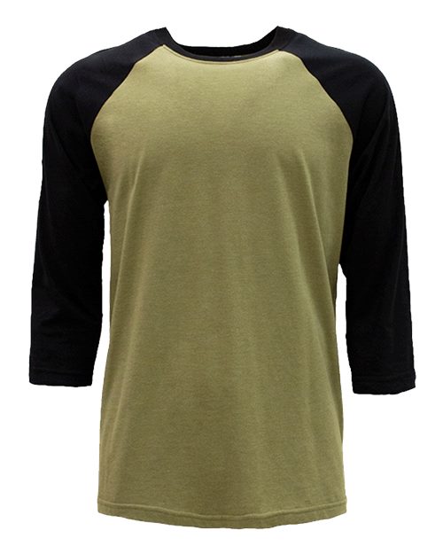 Unisex CVC Three-Quarter Sleeve Raglan T-Shirt - Black/ Olive Front