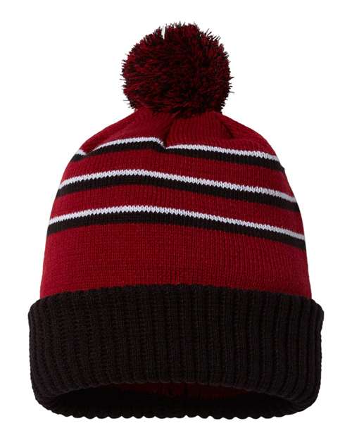 Pom Cuffed Beanie - Cardinal/ Black/ White Front