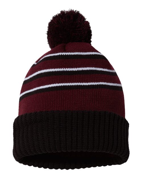 Pom Cuffed Beanie - Maroon/ Black/ White Back