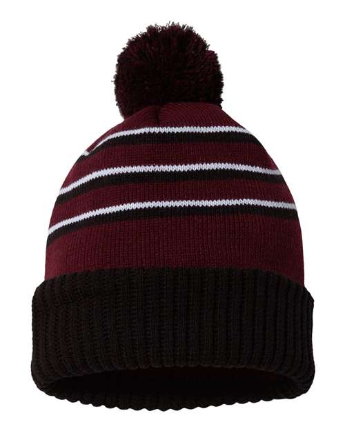 Pom Cuffed Beanie - Maroon/ Black/ White Front