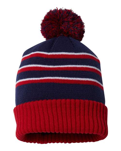Pom Cuffed Beanie - Navy/ Red/ White Front