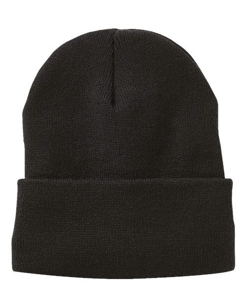 12" Fleece Lined Cuffed Beanie - Black Front