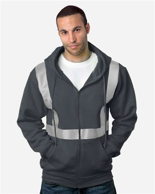 USA-Made Hi-Visibility Full-Zip Hooded Sweatshirt - Segmented Tape - Charcoal Heather Front