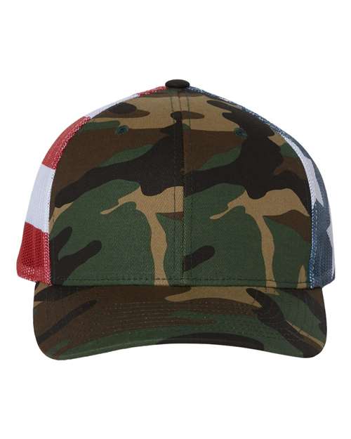 Printed Mesh Trucker Cap - Green Camo/ Stars & Stripes Front