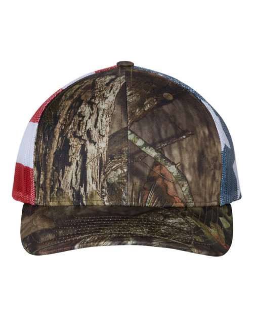 Printed Mesh Trucker Cap - Mossy Oak Break-Up Country/ Stars & Stripes Front