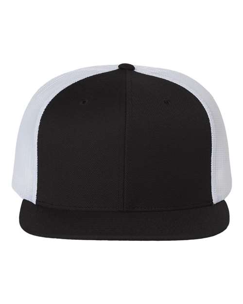 Wool Blend Flat Bill Trucker Cap - Black/ White Front