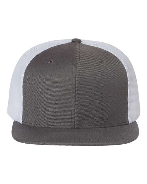 Wool Blend Flat Bill Trucker Cap - Charcoal/ White Front