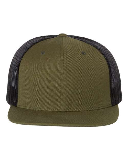 Wool Blend Flat Bill Trucker Cap - Loden/ Black Front