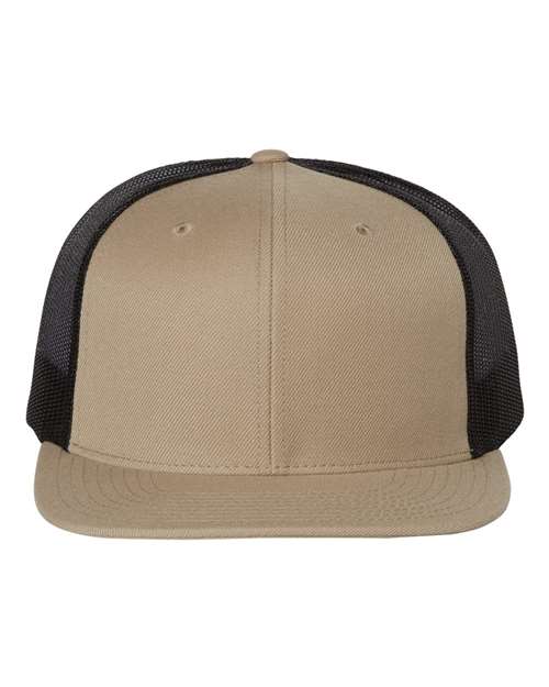 Wool Blend Flat Bill Trucker Cap - Khaki/ Black Front