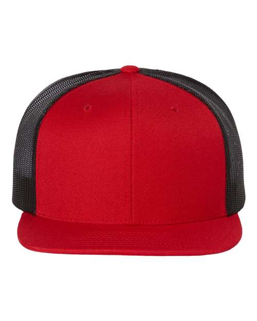 Wool Blend Flat Bill Trucker Cap - Red/ Black Front