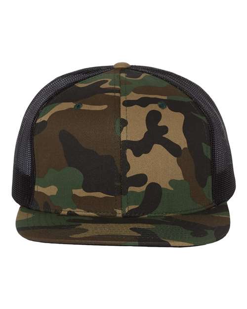 Wool Blend Flat Bill Trucker Cap - Green Camo/ Black Front