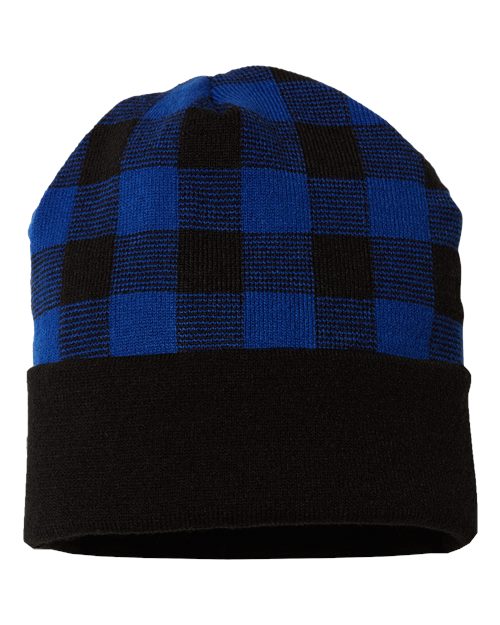 USA-Made Plaid Beanie - Black/ True Royal Front