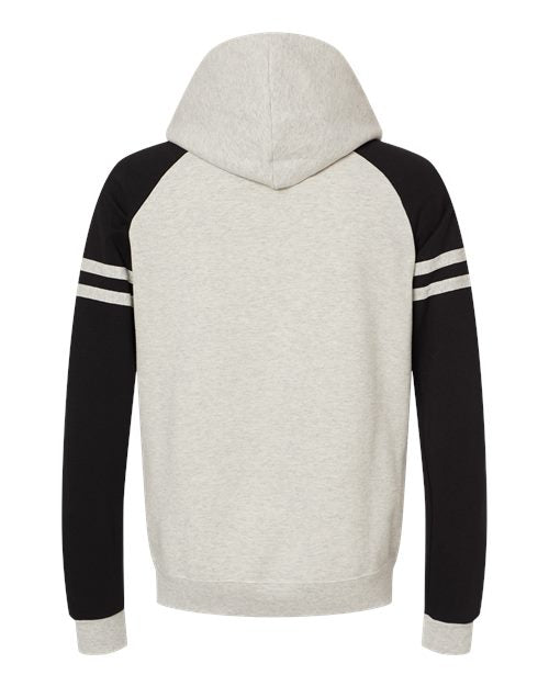 Unisex Nublend® Varsity Colorblocked Raglan Hooded Sweatshirt - Oatmeal Heather/ Black Ink Back