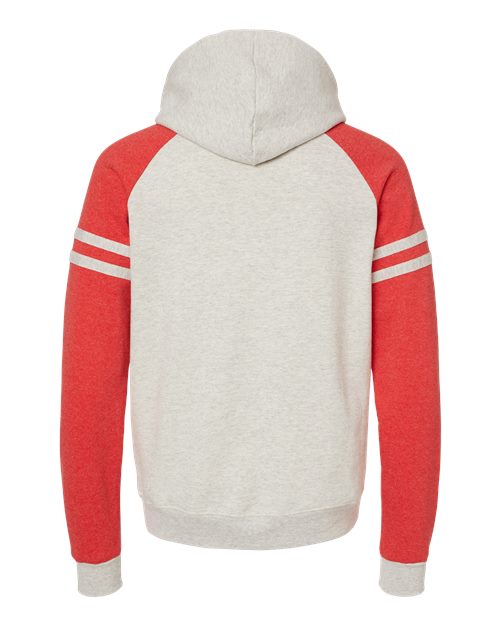 Unisex Nublend® Varsity Colorblocked Raglan Hooded Sweatshirt - Oatmeal Heather/ Fiery Red Heather Back