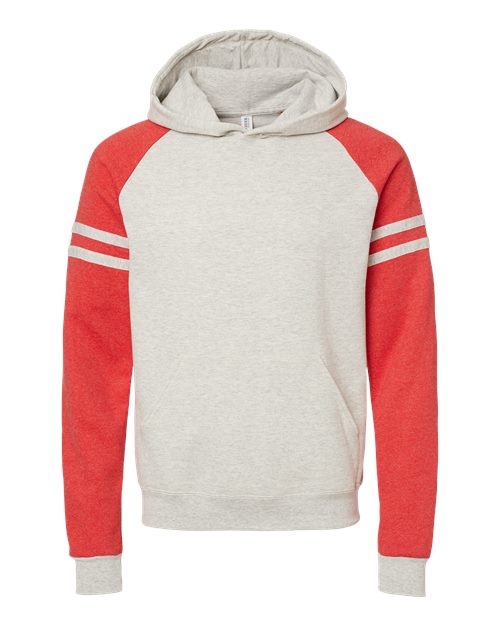 Unisex Nublend® Varsity Colorblocked Raglan Hooded Sweatshirt - Oatmeal Heather/ Fiery Red Heather Front